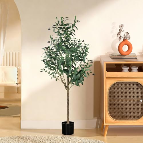 Artificial Olive Tree 5FT/150cm Tall Faux Silk Plant Large Fake Olive Potted Tree with Natural Wood Trunk and Lifelike Fruit for Home Office Decor Indoor with Plastic Planter