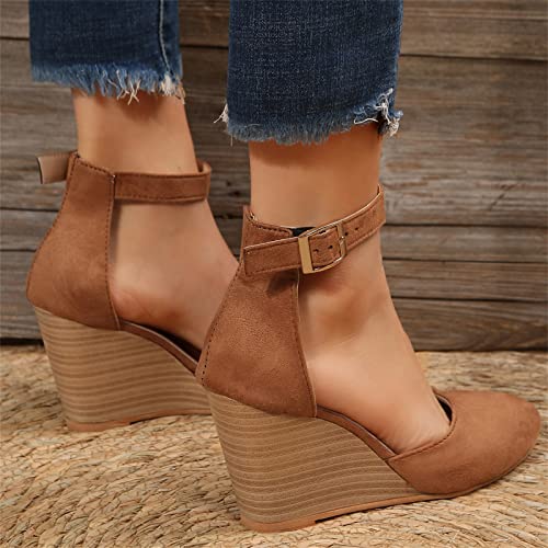 Women's Closed Toe Wedge Sandals, Comfortable Pointed Toe Buckle Ankle Strap Wedges Heels Pumps Cork Casual & Dressy Summer Shoes (A-Brown, 7)4