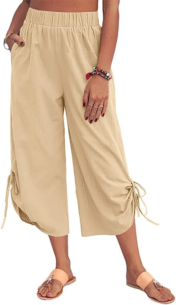 Women’s Straight Wide Legs Capris Pants Elastic High Waist Slim Yoga Pants Hem Drawstring Casual Trousers with Pockets