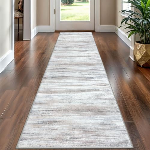 KOZYFLY Modern Abstract Hallway Runner Rug, 2x8 Kitchen Rugs Non-Slip Washable Soft Striped Kitchen Runner Rugs, Print Distressed Beige Carpet Runner for Entryway Bathroom Laundry Room Foyer