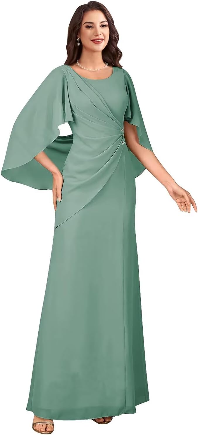 Women's Scoop Chiffon Mother of The Bride Dress with Beaded Cape Sleeve A Line Grandmother of The Groom Dresses CSM65