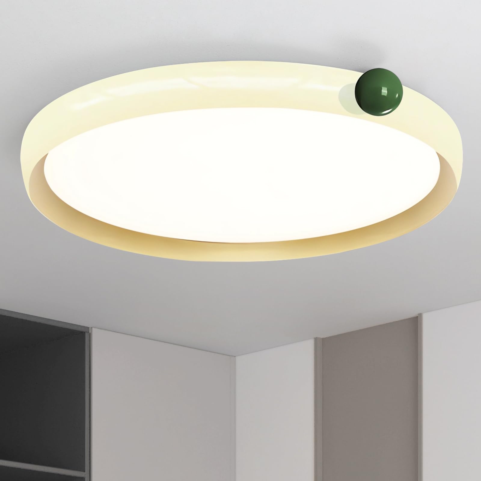 Mikeru 60cm Ceiling Light with Remote Control 3000K/4500K/6500K Dimmable Round Ceiling Light, 10%-100% Brightness Adjustable, Suitable for Bedroom, Dining Room, Living Room, Cream Yellow