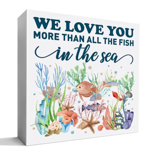 Image of Nursery Desk Decor Wooden Sign, Nursery Decoration for Playroom Toy Room Kid's Bedroom, Nursery Gift for Baby Boy Girl Newborn Kids, We Love You More Than All The Fish in The Sea