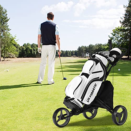 Miniatura 9 de Costway Carro De Golf De Empuje Con 3 Ruedas, Carrito De Golf Plegable Con Bolsa Recubierta En Aluminio, Tira Elástica, Paraguas Regulable Y Portavaso, Marcador Y Freno De Pedal Gris
