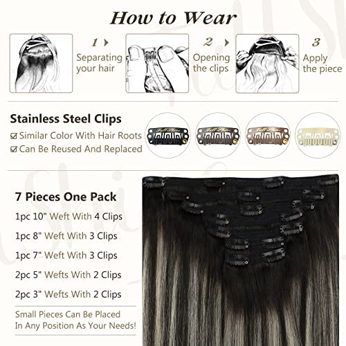 Full Shine Clip in Hair Extensions Black And Silver Double Weft Clip on Extensions Remy Human Hair Black Ombre Straight Seamless Human Hair Extensions 18 Inch 120g thumbnail