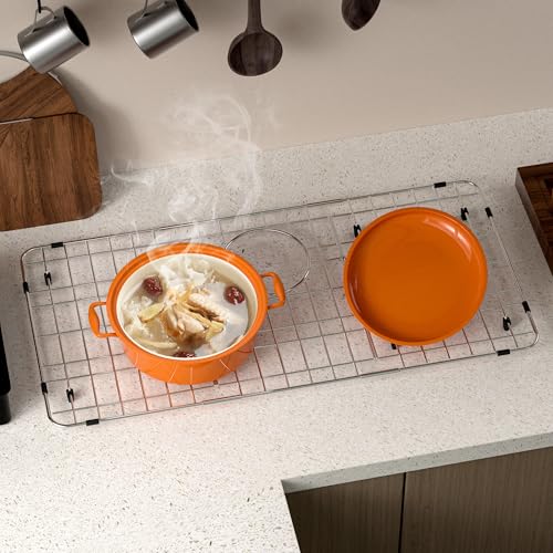 SlimmKISS Sink Protector for Kitchen Sink,27.2 X 13.3 inch Sink Rack,Metal Sink Grate with Strainer,Stainless Steel Sink Grid for Bottom of Sink with Rear Drain Hole Dia 5",Corner Radius 1" by SlimmKISS - Used condition - Image 7