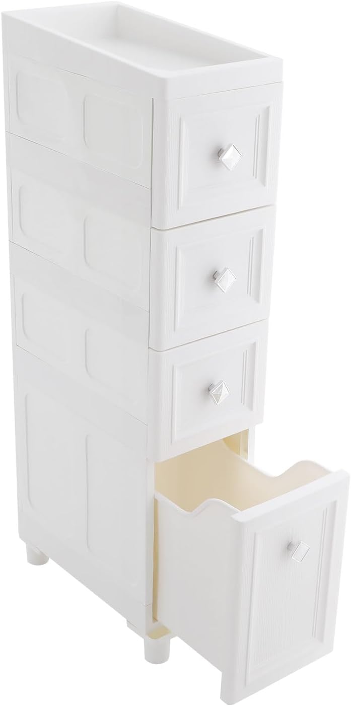 4-Drawer Narrow Storage Cabinet, 8.7"x15.7"x38.6" Slim Bathroom Storage Cabinet, Bathroom Floor Cabinet for Small Spaces, Laundry, Living Room, Kitchen, Bathroom, Office, Home