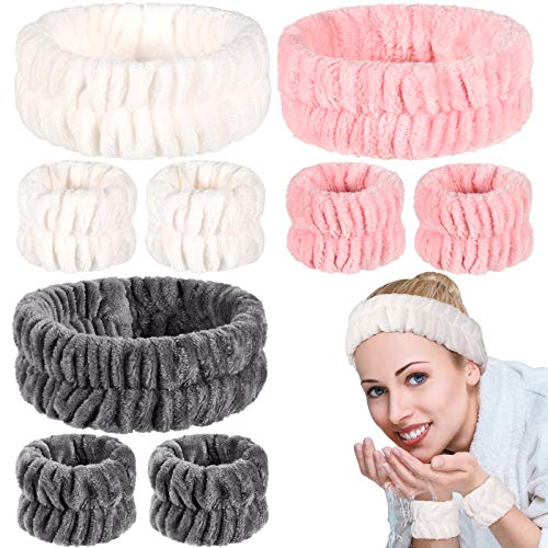 WILLBOND 9 Pieces Spa Headband Wrist Washband Set, 3 Pieces Coral Fleece Facial Makeup Headband High Elastic Hair Band and 6 Pieces Wrist Washband, Face Wash Set for Women Girls (Grey, Pink, White)