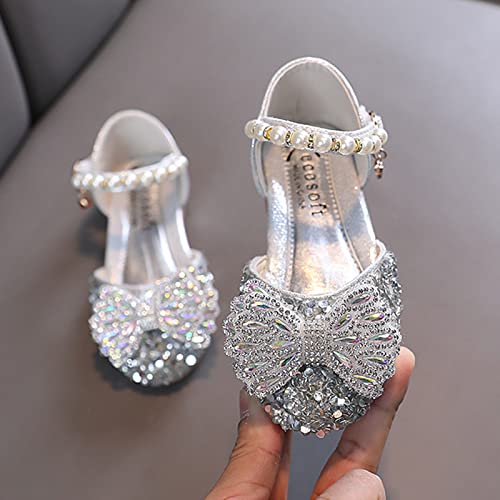 Princess Shoes For Kids Fashion Summer Girls Sandals Dress Performance Dance Shoes Shiny Rhinestone Sequin Bow Pearl (Silver-a, 25)3