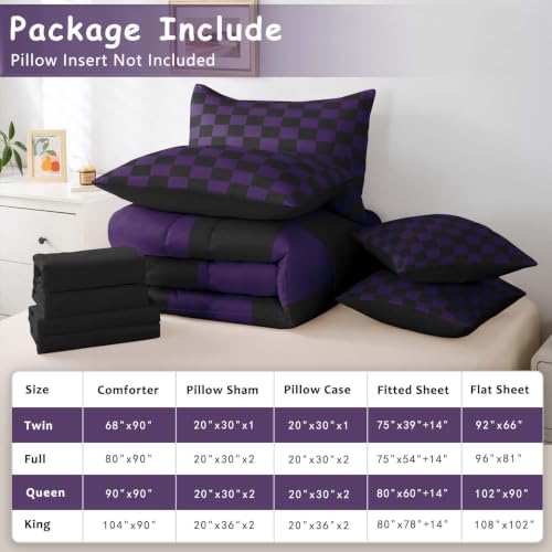 Image of Feelyou Checkered Queen Comforter Set with Sheets for Kids Boys Girls Purple Black Plaid 7 Pieces Bedding Set Cute Retro Neutral Checkerboard Geometric Bed in a Bag Vintage Aesthetic Room Decor Soft