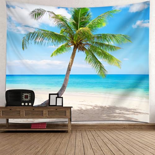 Tapisserie murale paysage plage cocotier moderne 150x130cm en tissu