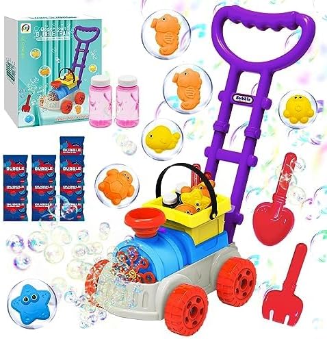 JOY SPOT! Bubble Lawn Mower for Toddlers,Kids Bubble Blower Machine with Music Sounds,Automatic Bubbles Blowing for Preschool Boys Girls,Birthday Gifts,Summer Beach Garden with 9pcs Beach Sand Toys