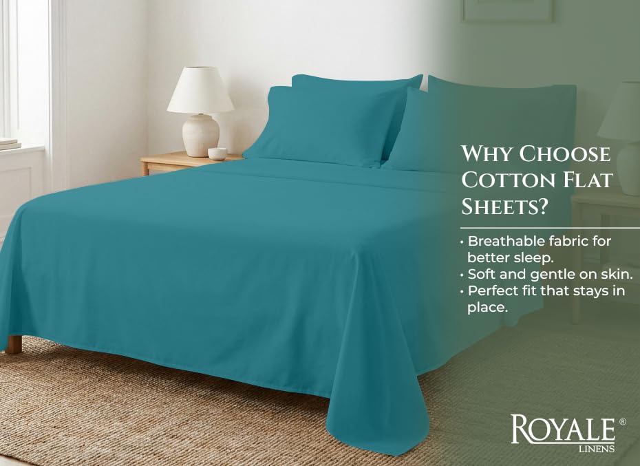 Image of Royale Linens 100% Organic Cotton Full Size Flat Sheet Only - Percale Top Sheets - Full Flat Sheet Sold Separately - Lightweight & Super Soft 100% Cotton Teal Bed Sheets Only (81 inch x 96 inch, Teal)
