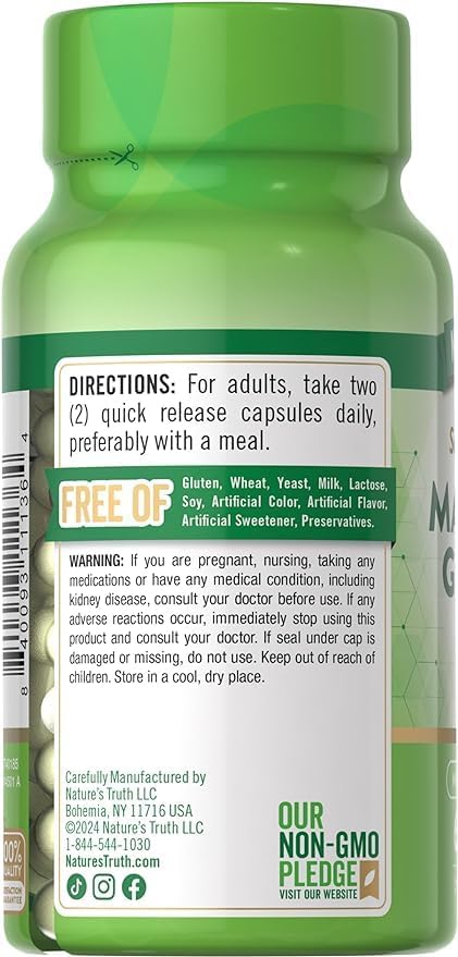 Magnesium Glycinate Capsules | 200mg | 60 Count | Chelated Superior Absorption Formula | Non-GMO & Gluten Free Supplement | by Nature's Truth (Pack of 2)