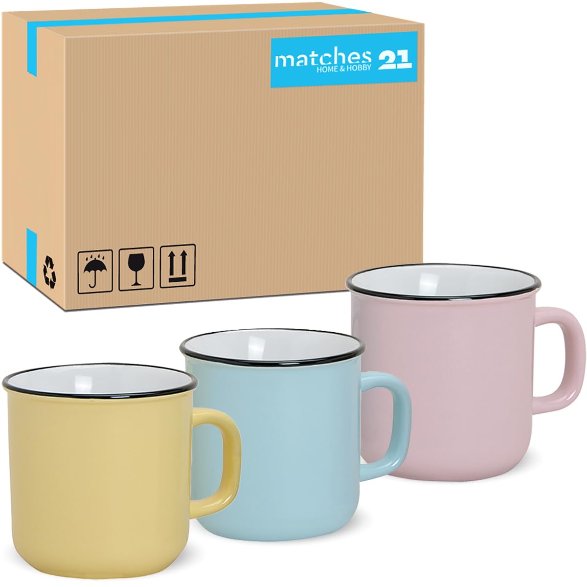 Tassen 36er Set Emaille Optik in gelb blau rosa - Retro Keramik Kaffeetassen in 300ml für Tee Kaffee Cappuccino - Süße Kaffeebecher spülmaschinenfest und mikrowellengeeignet als Geschenk