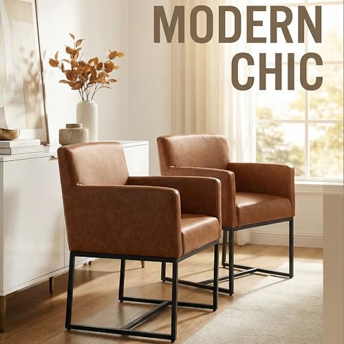 Image of HNY Mid Century Modern Upholstered Dining Chairs with Arms Set of 2, Faux Leather Accent Chairs with Black Finish Metal Frame, 19 inch Wide Arm Chairs for Living Room Kitchen Bedroom, Brown
