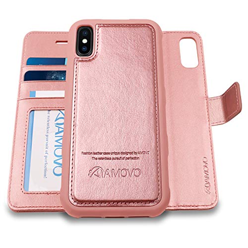 AMOVO [Upgraded] Case for iPhone Xs Max [2 in 1] iPhone Xs Max Wallet Case Detachable [Wireless Charging] [Vegan Leather] iPhone Xs Max Flip Case with Gift Box Package (XSMAX (6.5'') Rosegold)