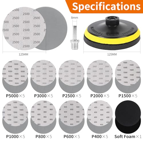 Pomsare 45PCS Wet Dry Sanding Discs 125mm with Backing Pad for Angle Grinder Hook and Loop Sanding Pads Sandpaper Drill Sanding Attachment - Image 2