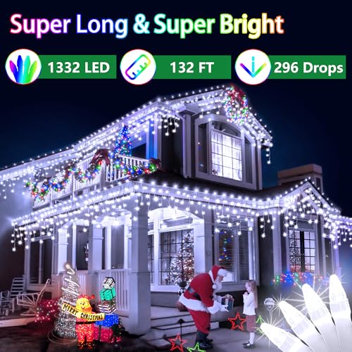 132FT 1332 LED Outdoor Christmas Lights - 296 Ice Drops, 12 Pro Modes with Timer Memory & Brightness, Waterproof Hanging Ice String Light for Holiday Wedding Garden Fence House Decor (Cool White) by WUXYIYANG - Image 2