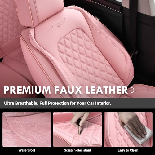 Image of Coverado Front Seat Covers, Luxury Faux Leather Breathable Waterproof Protectors, Universal Fit for Cars, SUVs, Trucks, Durable Car Seat Protectors, Waterproof Car Cushions - Pink