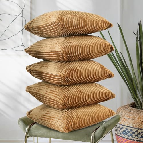 Image of RD TREND Cushion Cover Set of 5, Decorative Sofa Living Room Home Square Cushion Covers 16 Inch x 16 Inch, Aesthetic Corduroy Striped Double Sided (Mustard,Pack of 5)