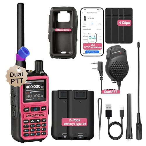 Image of BAOFENG UV-5R Mini Ham Radio - Dual Band VHF /UHF Handheld Communication Device with Extra Battery & Mic for Outdoor, Field Work & Emergency Use Pink