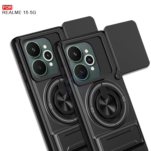 Image of AESTMO Realme 15 5G / 15 Pro 5G Back Cover | Armor Camera Slider 360 Degree Rotating Finger Ring Holder Case with Bracket Stand Back Case Cover (Compatible with MagSafe Accessories) (Black)