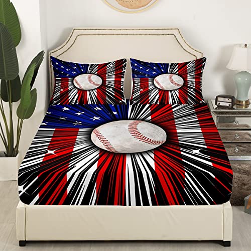 Baseball Fitted Sheet For Boys Teens Sports Theme Bedding Sets Kids Men American Flag Fitted Bed Sheets Red And White Stars Stripes Bedding Collection, Not Include Flat/Top Sheet, Twin Size #TOP1