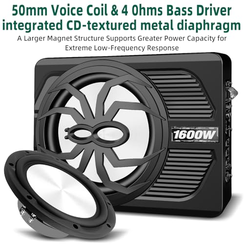 Image of 2026 Upgraded 1600W Car Subwoofer, 10 inch Ultra-Thin Powered Under-Seat Sub with Built-in Amplifier, (LPF /Gain /Bass Boost) LED Ambient Lights, Independent Bass Knob, Distortion-Free Deep Bass（Black A）