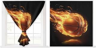 Basketball Self Adhesive Portable Curtains for Windows,Thermal Insulated Room Darkening Blackout Curtain for Bedroom,Modern Buruning Flame Sport Black Background Privacy Door Drape Blind,47x54inches