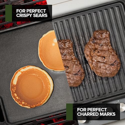Cast Iron Griddle/Grill Reversible Combo Set + Protective Mitts, Grill Press & Scraper- Pre-seasoned Indoor & Outdoor gas Stove Griddle- Stovetop, Camping or Home Cooking Non-Stick Griddle Pan by Modern Innovations - Image 5