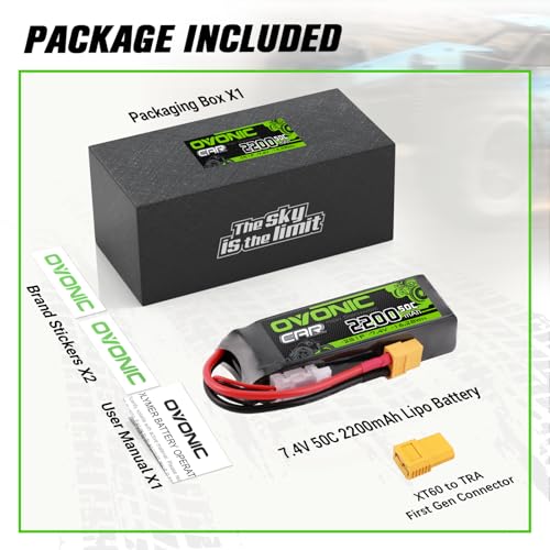OVONIC 2200mAh 7.4V 2S Lipo Battery 50C Soft Case with XT60+TRX Connector for RC Cars, Trucks, Planes, Drones &ndash; 1 Pack