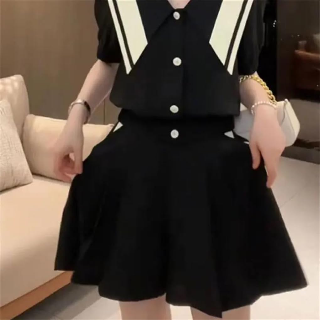 Women Solid Short Sleeve Top Set, Button Loose Casual All Match Slim Bottoms Two-Piece Outfits