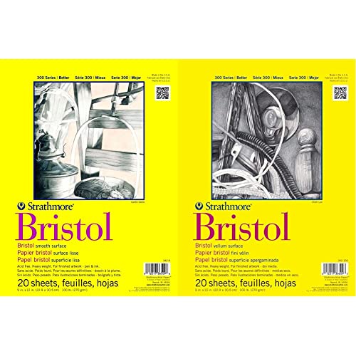 Strathmore 300 Series Bristol Smooth Pad, 9"X12" Tape Bound, 20 Sheets & 300 Series Bristol Vellum Pad, 9"X12", Tape Bound 20 Sheets #TOP21