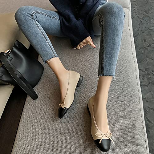 Shodense Women Cap Toe Bow Flats Two Tone Slip On Ballet Flats Comfort Closed Round Toe Flats Colorblock 1 Inch Low Flat Heel Dress Shoes Plaid Cute Ladies Casual Driver Flats Matte Beige 6 M Us #TOP3