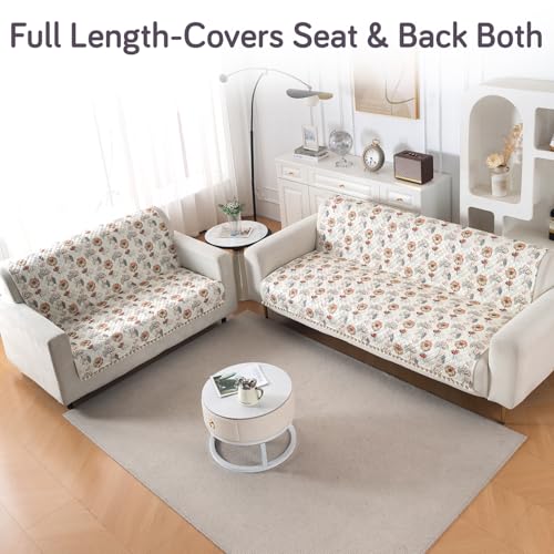Image of HOKIPO Wildflower Breeze Quilted Sofa Cover 3 Seater and 2 Seater with Tassels Set - 5 Seater Sofa Cover (3+2) for Seat & Back | 'Tassel Twigs' Series (IN-991-T7 + IN-990-T7)