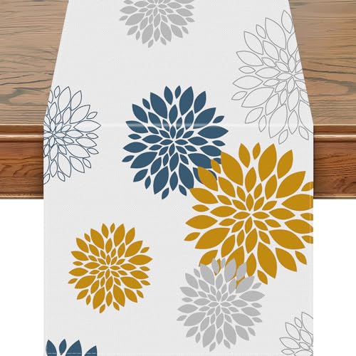 Snycler 13x48 Inch Table Runner Blue Yellow Dahlia Pinnata Flower Table Runners Modern Elegant Pompon Farmhouse Geometric Table Center White Linen Decor for Home Dining Party Entrance