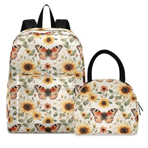 Backpack Lunch Box Set Large Capacity Travel Backpacks and Insulated Lunch Bag for Commute Hiking Picnic Sunflower Butterfly Print
