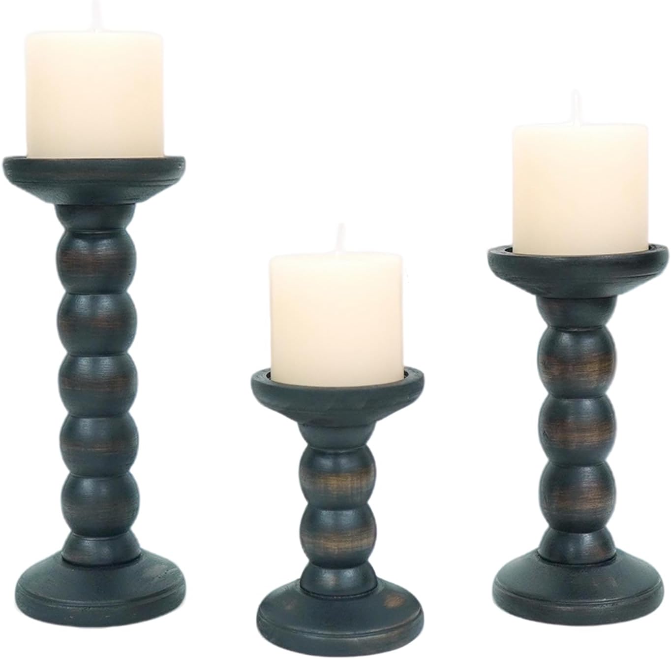 Solid Wood Candle Holder, 3Pcs Rustic Black Candle Holders for Pillar Candles, Decorative Candle Holders Distressed Wooden Farmhouse Candle Holder Large for Fireplace Table