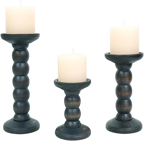 Miniatura 8 de Portavelas de madera maciza, 3 portavelas rústicos negros para velas de pilar, portavelas decorativos, portavelas de madera envejecida, tamaño