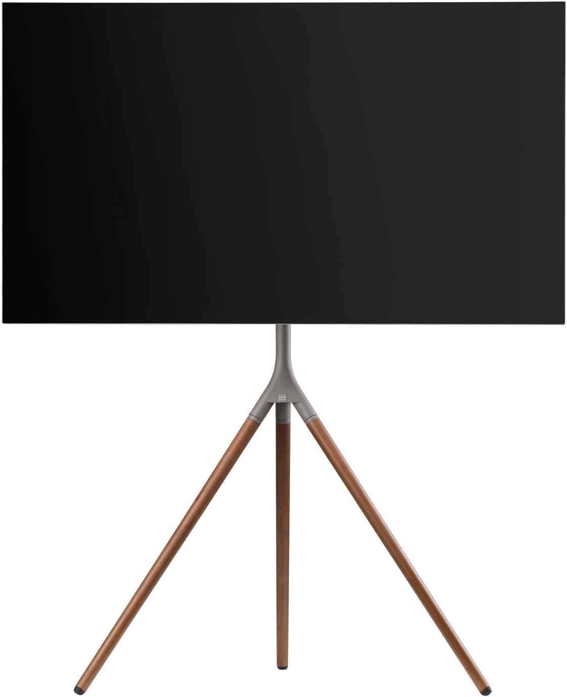 Upande view of the TV tripod stand with a television mounted, showing its slim profile