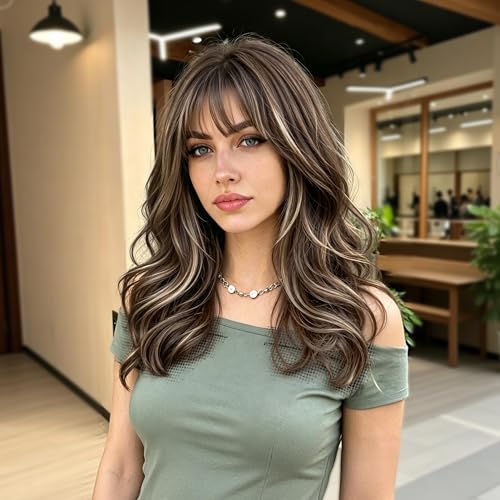 Cisyia Wig with Bangs for Women 4x4 Realistic Scalp Layered Hairstyle Brown Blonde Highlight Medium Length Wavy Synthetic Heat Resistant Glueless Hair Wig for Daily Party Use 18 inch