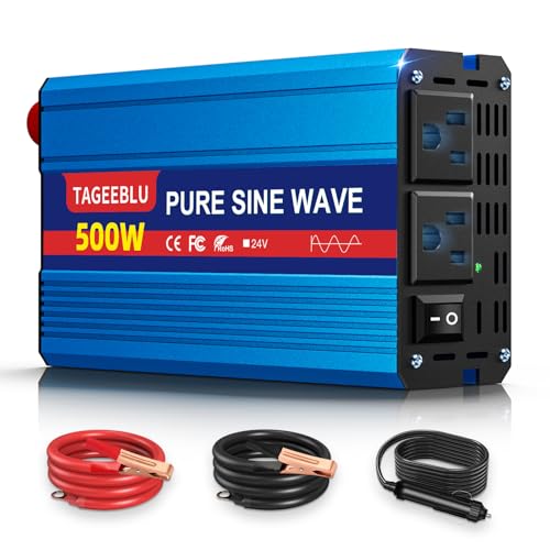 Image of 500W Pure Sine Wave Power Inverter DC 24V to 110V AC Converter with LCD Display, Battery Clamps & Cigarette Lighter Plug, Car Inverter with Dual AC Outlets for Vehicles RV Truck Camping Laptop CPAP