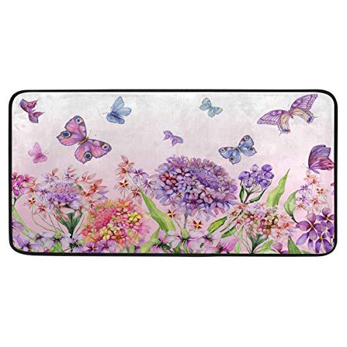 Moyyo Kitchen Mat Beautiful Vivid Flowers Colorful Butterflies Kitchen Rug Mat Anti-Fatigue Comfort Floor Mat Non Slip Oil Stain Resistant Easy To Clean Kitchen Rug Bath Rug Carpet For Indoor Outdoor #TOP13