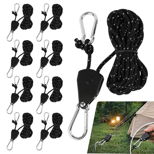 8 Stück 4M Reflektierende Abspannseile Camping mit Seilspanner Zeltschnur mit Spanner Ø4 mm Seilratsche Spannseile für Zelt Vorzelt Markise Sturm