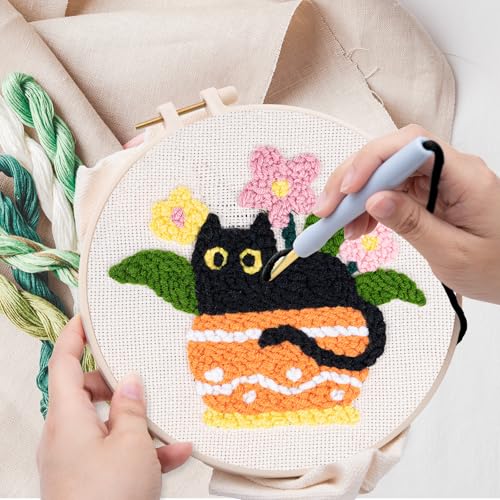 Image of Louise Maelys Cat Plant Pattern Embroidery Kit for Beginners | Pre-Printed Fabric, Hoop, Rug Handle Pen, Yarns. Cross Stitch Kits with Cat Design. DIY Needle Point Kits
