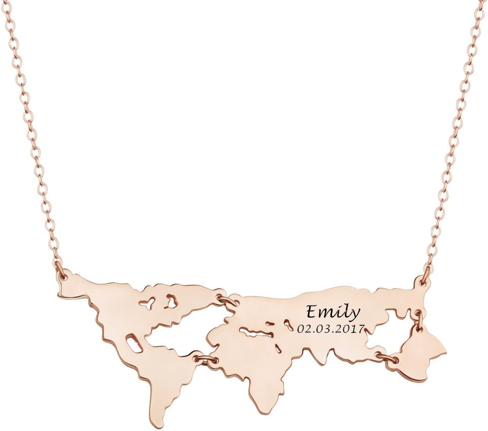 MissNity Sterling Silver World Map Necklace Personalized Name Date World Continents Charm Pendant World Traveler Lover Jewelry