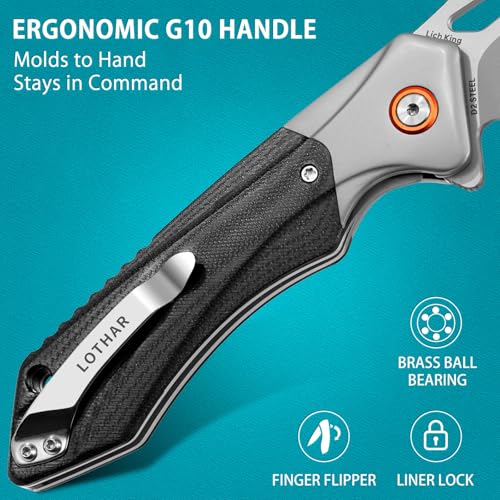 Image of LOTHAR Lich King Folding Pocket Knife, Tactical Pocket Knife for Men Women | 3.5 inch D2 Steel, G10 Handle, Cool Knife for Camping, Survival, Outdoor Gear, Christmas Halloween Father Day Gifts for Him