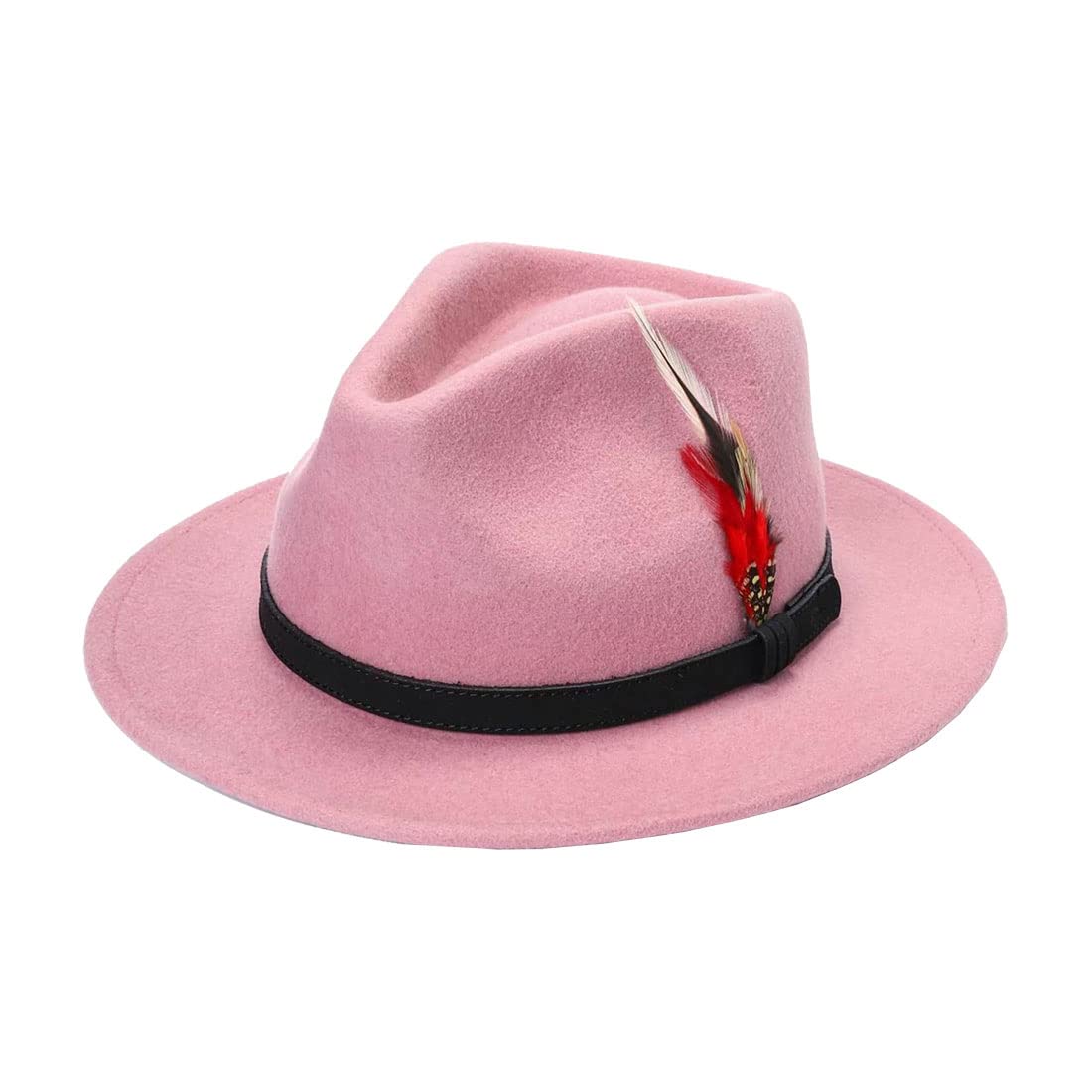Fairy Trendz Unisex Light Pink Mens Trilby Adjustable Band Feather Fedora Hat Womens Wool Cowboy Style Party Wear Hat