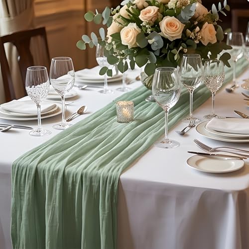 90*180cm Sage Green Table Runner Cheesecloth Table Runner for Dining Table Decor Green Table Runner for Home Decoration Wedding Bridal Shower Party Centerpiece Table Baptism Decoration